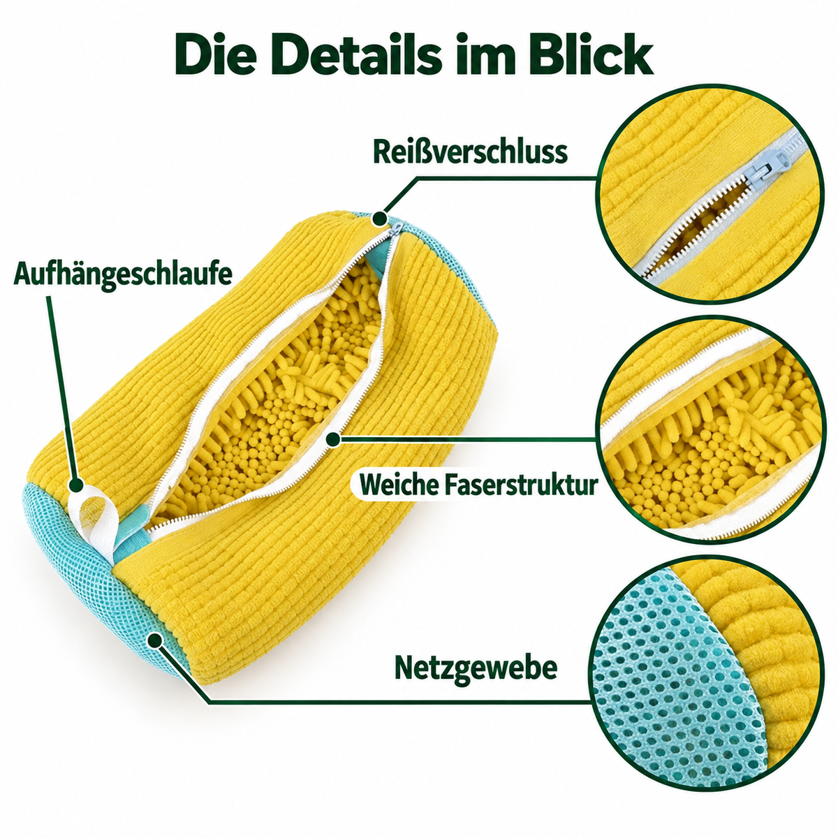 Details des Schuhwaschbeutels: Reißverschluss, Aufhängeschlaufe, weiche Faserstruktur und Netzgewebe