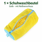 Ein gelber Schuhwaschbeutel mit Reißverschluss – Beispiel für Farbe und Ausführung